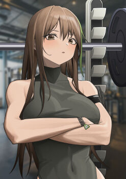 1girl absurdres alter_sang armband bare_shoulders black_armband black_leotard blurry blurry_background blush bodysuit bracelet breasts brown_eyes brown_hair character_name commentary commentary_typo covered_navel cowboy_shot crossed_arms english_commentary exercise_machine girls&#039;_frontline green_hair griffin_&amp;_kryuger_logo gym heattech_leotard highres jewelry leotard ribbed_leotard long_hair looking_at_viewer m4a1_(girls&#039;_frontline) medium_breasts multicolored_hair name_tag no_jacket parted_lips solo streaked_hair turtleneck weights