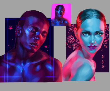1boy 1girl art_study blue_eyes closed_eyes closed_mouth collarbone commentary cropped_shoulders dark-skinned_male dark_skin english_commentary highres lips looking_at_viewer lydialing_draws nose original parted_hair pectorals purple_lips realistic reference_inset short_hair