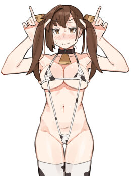 1girl absurdres animal_print armpits bell bikini breasts brown_eyes brown_hair cleavage commentary_request covered_erect_nipples cow_print cow_print_bikini cow_print_thighhighs groin highres horns_pose kotobuki_hisako long_hair looking_at_viewer navel neck_bell print_bikini print_thighhighs sattinittas seitokai_ni_mo_ana_wa_aru! simple_background smile solo sweatdrop swimsuit tears thighhighs twintails white_background