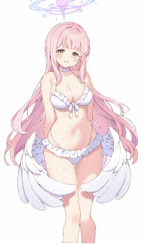 1girl angel_wings bare_arms bare_shoulders bikini blue_archive blush breasts choker cleavage collarbone commentary_request feathered_wings halo highres koishi_(kiwi0314) long_hair low_wings medium_breasts mika_(blue_archive) mika_(swimsuit)_(blue_archive) navel official_alternate_costume official_alternate_hairstyle open_mouth pink_hair pink_halo simple_background solo stomach swimsuit thighs variant_set white_background white_bikini white_choker wing_ornament wings yellow_eyes