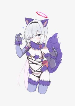 1girl absurdres animal_ears bikini black_eyes black_hairband blue_archive blue_thighhighs blush braid breasts commentary_request cosplay fate/grand_order fate_(series) grey_background hair_over_one_eye hairband halo highres kaito_(kaito921125) long_hair looking_at_viewer mash_kyrielight mash_kyrielight_(dangerous_beast) mash_kyrielight_(dangerous_beast)_(cosplay) multicolored_hair navel pink_hair plana_(blue_archive) purple_bikini red_halo simple_background single_braid small_breasts solo sweat swimsuit thighhighs thighs two-tone_hair very_long_hair white_hair