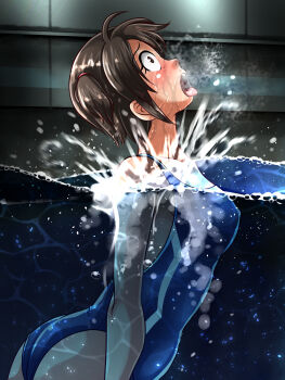 1girl air_bubble asphyxiation ass black_eyes black_hair bubble foxeye foxeye_fox highres one-piece_swimsuit original partially_submerged partially_underwater_shot splashing swimsuit tagme underwater