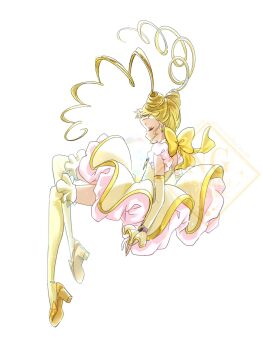 1girl back_bow blonde_hair blue_gem bow butterfly_brooch butterfly_earrings closed_eyes commentary_request cone_hair_bun cure_lemonade double_bun dress drill_hair earrings floating floating_clothes floating_hair frilled_arm_warmers frilled_thigh_strap full_body gem hair_bun high_heels highres jewelry kasugano_urara_(yes!_precure_5) light_particles long_hair magical_girl petticoat pleated_dress precure pumps shoes short_dress simple_background solo thigh_strap thighhighs twin_drills twintails wakuno_lemon watch watermark white_background wristwatch yellow_arm_warmers yellow_bow yellow_dress yellow_shoes yellow_theme yellow_thighhighs yes!_precure_5