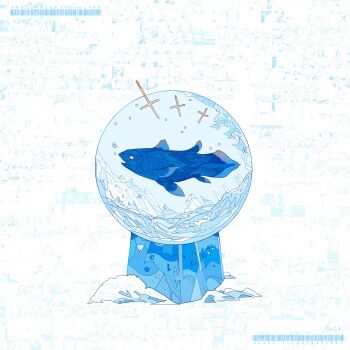 absurdres animal animal_focus artist_name blue_theme coelacanth commentary_request fish fishbowl hato_(n_hat_mu) highres ligne_claire no_humans original signature