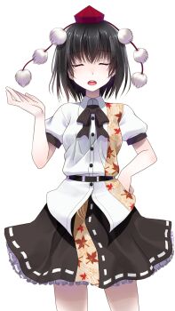 1girl belt black_belt black_bow black_bowtie black_hair black_skirt bow bowtie buttons closed_eyes collared_shirt commentary_request cowboy_shot crote facing_viewer frilled_skirt frills furrowed_brow hand_on_own_hip hand_up hat highres large_variant_set leaf_print legs_apart maple_leaf_print open_mouth puffy_short_sleeves puffy_sleeves red_hat ribbon-trimmed_skirt ribbon_trim shameimaru_aya shirt short_hair short_sleeves skirt sleeve_cuffs solo standing tachi-e teeth tokin_hat touhou transparent_background u_u upper_teeth_only variant_set white_shirt