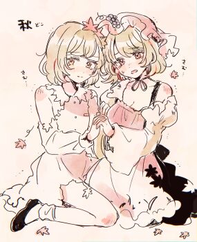 2girls aki_minoriko aki_shizuha apron black_shoes black_skirt blonde_hair breasts choker cleavage closed_mouth commentary_request crying crying_with_eyes_open falling_leaves grape_hat_ornament hair_ornament hat highres holding_hands interlocked_fingers leaf leaf_hair_ornament long_sleeves looking_at_viewer mob_cap mozukuzu_(manukedori) multiple_girls open_mouth orange_hat ribbon_choker sad shirt shoes skirt socks tearing_up tears torn_clothes torn_shirt touhou translation_request white_socks wide_sleeves yellow_eyes