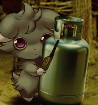 :< arms_up artist_name bomb closed_mouth espurr explosive expressionless forest full_body gen_6_pokemon granade grass grey_fur highres looking_at_viewer nature nintendo outdoors pokemon pokemon_(creature) pokemon_focus purple_eyes shoko_steff solo standing triangle_mouth