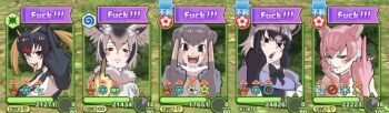 5girls animal_ears bird_wings black_hair blonde_hair blush_stickers bow bowtie brown_eyes cat_ears closed_mouth coat common_raccoon_(kemono_friends) double_middle_finger elbow_gloves fake_screenshot fangs fingerless_gloves fur_collar furrowed_brow gloves green_eyes grey_eyes grey_hair hair_between_eyes half-closed_eyes hand_on_own_cheek hand_on_own_face hand_up hands_up head_wings headphones jacket kemono_friends kemono_friends_3 kouson_q medium_hair middle_finger multicolored_hair multiple_girls northern_white-faced_owl_(kemono_friends) one-piece_swimsuit open_mouth otter_ears peach_panther_(kemono_friends) pink_hair profanity raccoon_ears red_hair rockhopper_penguin_(kemono_friends) shirt short_hair small-clawed_otter_(kemono_friends) smile swimsuit tongue tongue_out upper_body user_interface v-shaped_eyebrows wings yellow_eyes