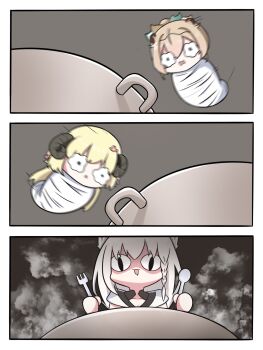 &lt;|&gt;_&lt;|&gt; 3girls :d animal_ears blonde_hair braid collarbone commentary fong_(fongthe0125) fork fox_ears grey_hair hair_between_eyes hashtag-only_commentary highres holding holding_fork holding_spoon hololive horns kazama_iroha long_hair motion_blur motion_lines multiple_girls open_mouth parted_lips shaded_face sheep_horns shirakami_fubuki smile speed_lines spoon steam symbol-only_commentary tsunomaki_watame very_long_hair virtual_youtuber wavy_eyes