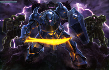 absurdres aiming artist_request cable cloud cloudy_sky desert gouf gun gundam gundam_perfect_file highres lightning machine_gun machinery magazine_scan mecha mecha_focus mobile_suit mobile_suit_gundam night no_humans painting_(medium) realistic robot scan scene_reference science_fiction shield shoulder_spikes sky spacecraft spikes storm sword traditional_media weapon zaku_ii zanzibar_(space_shuttle) zeon