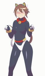 1girl aile_(mega_man_zx) animal_ears animated black_bodysuit blush bodysuit bouncing_breasts breasts brown_hair cat_ears closed_eyes gillisk green_eyes long_hair mega_man_(series) mega_man_zx mega_man_zx_advent ponytail sad_cat_dance_(meme) sketch skin_tight tagme tail video white_background