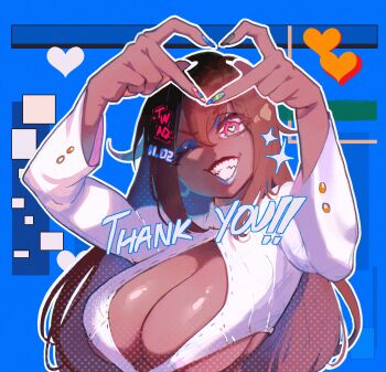 Rule 34 | 1girl, artist self-insert, breasts, brown hair, cleavage, commentary, dark-skinned female, dark skin, english commentary, english text, eyeshadow, four-finger heart hands, grin, hairband, heart, heart hands, highres, large breasts, long hair, makeup, nyantcha, one eye closed, original, red eyes, sharp teeth, smile, teeth, thank you, tsona (nyantcha), very dark skin