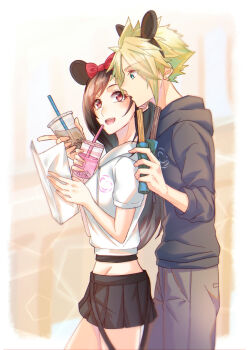1boy 1girl absurdres alternate_costume black_hair black_hoodie black_skirt blonde_hair blue_eyes blush bow breasts bubble_tea cloud_strife commentary_request cowboy_shot cup disneyland disposable_cup drink drinking_straw earrings final_fantasy final_fantasy_vii from_side grey_pants groin height_difference highres holding holding_cup holding_drink holding_map hood hood_down hoodie jewelry long_hair looking_at_another map medium_breasts mickey_mouse_ears midriff_peek miniskirt mizuamememe open_mouth pants pleated_skirt profile red_bow red_eyes skirt spiked_hair stud_earrings swept_bangs tifa_lockhart white_hoodie