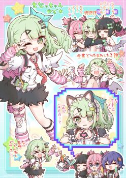 Rule 34 | > <, 4girls, absurdres, angels of delusion, aqua hair, aria (zenless zone zero), arm warmers, backpack, bag, bangboo (zenless zone zero), belle (zenless zone zero), biggest fan (zenless zone zero), black hair, black skirt, blue eyes, bow, closed eyes, closed mouth, collared shirt, commentary request, detached sleeves, dress, green hair, hair bow, hair ornament, hairclip, hand up, highres, hug, leg warmers, letter hair ornament, long hair, long sleeves, looking at viewer, multicolored hair, multiple girls, nangong yu, necktie, official alternate costume, one eye closed, open mouth, pink hair, shirt, short sleeves, single thighhigh, skirt, smile, streaked hair, striped arm warmers, striped leg warmers, sunna (afternoon tea break) (zenless zone zero), sunna (zenless zone zero), sword, tearing up, thighhighs, torn clothes, torn thighhighs, v, weapon, white dress, white shirt, white thighhighs, yoshinao (yoshinao 0203), zenless zone zero