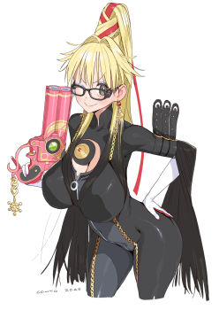 1girl bayonetta bayonetta_(cosplay) bayonetta_(series) blonde_hair bodysuit breasts catherine_(conto) cleavage commentary conto cosplay earrings english_commentary glasses gloves gun hand_on_own_hip handgun highres jewelry large_breasts long_hair long_sleeves one_eye_closed original simple_background smile solo weapon white_background