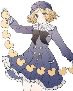 1girl black_bow black_bowtie blonde_hair blue_bow blue_dress blue_hat bow bowtie cowboy_shot curly_hair dress gloves greenn hat hat_bow highres identity_v light_blush looking_at_viewer official_alternate_costume rubber_duck short_hair solo split_mouth tracy_reznik tracy_reznik_(just_around_the_corner) white_gloves yellow_eyes