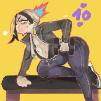 1girl black_hair black_jacket black_pants black_track_suit blonde_hair blue_eyeshadow blue_fire breasts breath cheek_bulge cleavage clenched_hands colored_sclera crop_top cropped_jacket dumbbell earrings exercising exhausted eyeshadow feet_out_of_frame fire full_body gold_earrings green_eyes green_fire half-closed_eyes hands_up highres holding holding_dumbbell jacket jewelry keziedra large_breasts long_hair low_ponytail macaron_(keziedra) makeup midriff multicolored_hair navel numbered open_clothes open_jacket original outline pants partially_unzipped ponytail puffy_cheeks red_fire red_outline simple_background solo sparkle sweat track_jacket track_pants track_suit two-tone_hair v-shaped_eyebrows weightlifting yellow_background yellow_sclera