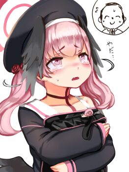 1boy 1girl bag black_hat black_wings blue_archive blush brown_choker choker commentary_request crying doodle_sensei_(blue_archive) flying_sweatdrops gumakara halo hat head_wings holding holding_bag koharu_(blue_archive) looking_up low_wings off_shoulder pink_eyes pink_hair profile raised_inner_eyebrows sensei_(blue_archive) sleeves_past_wrists snail sweat sweatdrop tears translation_request twintails upper_body wavy_mouth wings