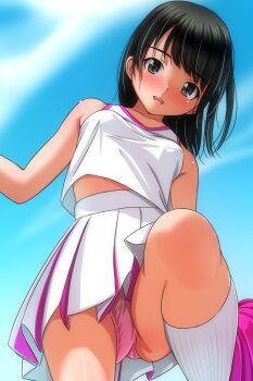1girl absurdres black_hair blush cheerleader commentary_request from_below highres looking_at_viewer matsunaga_kouyou original panties pink_panties pom_pom_(cheerleading) skirt socks solo underwear