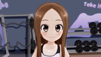 1girl 3d animated animated_gif blush breasts brown_eyes brown_hair collarbone crop_top female_focus flat_chest grin gs-mantis huge_filesize indoors karakai_jouzu_no_takagi-san loli long_hair looking_at_viewer penetration_gesture pointing sexually_suggestive small_breasts smile solo sports_bra sportswear takagi-san upper_body weights