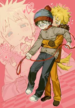 2boys beanie black_hair blonde_hair blue_eyes blush brown_gloves brown_jacket carrying child chun_baii commentary_request contrast_collar denim dog_boy gloves hat heart heart-shaped_pupils highres holding holding_leash jacket jeans kenny_mccormick leash male_focus multiple_boys orange_jacket orange_pants pants shoes sneakers south_park stan_marsh symbol-shaped_pupils tail tail_wagging turn_pale yaoi