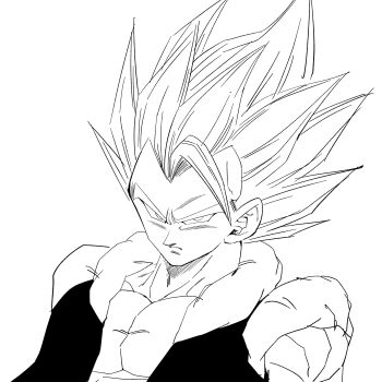 1boy 1rasutotoukou absurdres dragon_ball dragonball_z gogeta greyscale highres monochrome muscular muscular_male no_shirt simple_background solo spiked_hair super_saiyan super_saiyan_1 upper_body vest white_background