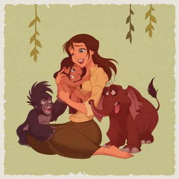 2boys 2girls black_hair brown_hair dark-skinned_male dark_skin dress elephant highres jane_porter long_hair mizala monkey multiple_boys multiple_girls open_mouth short_hair smile tantor_(disney) tarzan_(disney_character) tarzan_(disney_movie) terk_(tarzan)
