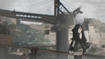 2b_(nier:automata) 2girls a2_(nier:automata) absurdres artist_name back_cutout black_dress black_gloves black_hairband breasts clothing_cutout crane_(machine) datharuss dress feather-trimmed_sleeves from_behind gloves grey_hair grey_sky hairband hashtag-only_commentary highres long_hair medium_breasts multiple_girls nier:automata nier_(series) outdoors scenery short_hair sitting sky standing