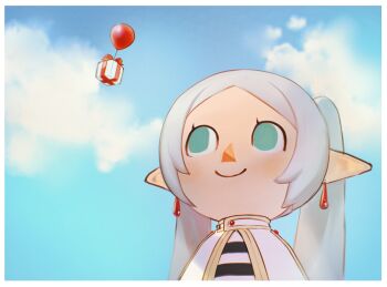 1girl animal_crossing balloon blue_sky border box capelet chibi chibi_only closed_mouth cloud commentary day earrings elf frieren gift gift_box green_eyes grey_hair jewelry long_hair meme milkuriem nintendo outdoors pointy_ears shirt sky smile solo sousou_no_frieren striped_clothes striped_shirt teardrop_earrings twintails upper_body upward_angle_frieren_drawing_(meme) white_border white_capelet white_shirt