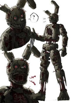 1boy ? animal_ears animatronic commentary cyborg eva0951120 five_nights_at_freddy's five_nights_at_freddy's_3 hashtag-only_commentary highres holding holding_knife knife male_focus multiple_views open_mouth rabbit_ears red_eyes ribs smile spoken_question_mark springtrap teeth