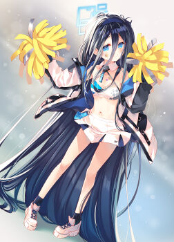 Rule 34 | 1girl, absurdly long hair, alternate costume, arikawa satoru, aris (blue archive), black hair, blue archive, blue eyes, breasts, commentary request, crop top, full body, highres, long hair, looking at viewer, millennium cheerleader outfit (blue archive), navel, pom pom (cheerleading), shoes, skirt, small breasts, smile, sneakers, solo, very long hair