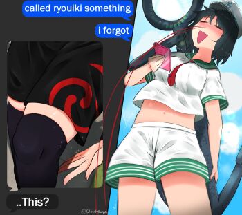 2girls anchor anchor_print aroused_nosebleed black_dress black_hair black_thighhighs blood blue_sky breasts chat_log cloudykeyz commentary crop_top day dress english_commentary english_text fake_phone_screenshot fake_screenshot half-closed_eyes hat highres holding holding_phone houjuu_nue leg_focus lens_flare medium_breasts medium_hair midriff multiple_girls murasa_minamitsu neckerchief nosebleed nue open_mouth phone red_neckerchief sailor_collar shirt shorts sky smile text_messaging thighhighs touhou white_hat white_shirt white_shorts yuri zettai_ryouiki