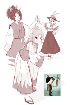 3girls absurdres aroevela bow capelet frilled_capelet frilled_shawl frilled_skirt frills ghost_tail greyscale hair_bow hashtag-only_commentary hat hat_bow highres horns konngara_(touhou) long_hair long_skirt long_sleeves looking_at_viewer meira_(touhou) monochrome multiple_girls nagae_iku photo-referenced ponytail shawl single_horn skirt touhou touhou_(pc-98)