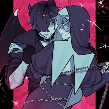 Rule 34 | 2boys, ahoge, artist name, back cutout, blush, bridal gauntlets, chain, chain leash, chained, clothing cutout, collar, collared shirt, commentary request, crossdressing, crossdressing (mtf), crossed bangs, demon boy, demon horns, demon wings, dress, gloves, grin, guimpe, hair between eyes, hair over one eye, hand on another's shoulder, highres, holding another's wrist, horns, juliet sleeves, leash, lighter (zenless zone zero), long sleeves, looking at another, looking at viewer, looking back, male focus, multiple boys, nun, one eye covered, parted bangs, parted lips, puffy sleeves, red eyes, scar, scar on arm, shirt, short hair, smile, spot color, sweatdrop, teeth, twitter username, urouroshiro, veil, wings, wise (zenless zone zero), yaoi, zenless zone zero