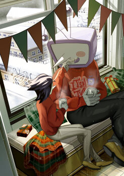 2boys absurdres ant_tenna black_pants blush_stickers box building colored_skin crt cup deltarune gift gift_box gloves highres holding holding_cup indoors long_nose looking_at_another male_focus multiple_boys object_head pants pillow pointy_nose print_sweater radio_antenna red_sweater shoes single_blush_sticker sitting snow solo spamton_g._spamton spamton_g._spamton_(big_shot) steaming_cup string_of_flags sweater tongue tongue_out utdr_(toby_fox) valve_core white_gloves white_pants white_skin yaoi yellow_shoes