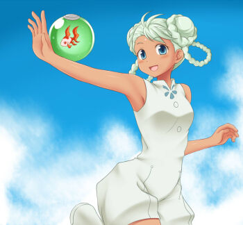 1girl :d antenna_hair armpits balancing bare_shoulders bindi blue_eyes blush boots braid braided_hair_rings breasts bubble buttons chuchumy cloud cowboy_shot dark-skinned_female dark_skin day double_bun facial_mark female_focus fish fishbowl forehead_mark from_side goldfish green_hair gundam gundam_g_no_reconguista hair_bun hair_rings halterneck happy leg_up looking_at_viewer open_mouth outdoors outstretched_arm raraiya_monday short_hair short_jumpsuit sky small_breasts smile solo twin_braids unitard utomo water white_boots white_hair