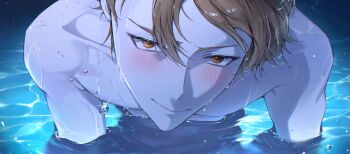 1boy chainsaw_man denji_(chainsaw_man) heeri highres light_blush looking_at_viewer male_focus orange_eyes orange_hair partially_submerged short_hair solo water wet