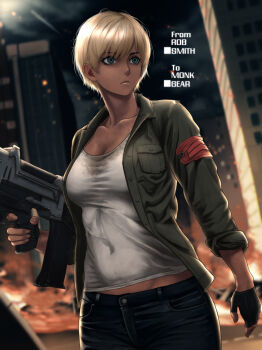 Rule 34 | absurdres, android, blonde hair, breast pocket, breasts, cleavage, dark skin, denim, fingerless gloves, gloves, highres, holding, holding weapon, insignia, jeans, mechabare, medium breasts, pants, pocket, rob 110101101, tan, terminator (series), the terminator, weapon