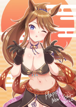 1girl ahoge animal_ears bandeau bell black_bandeau black_gloves black_skirt blue_eyes blush breasts brown_hair choker cleavage collarbone commentary_request dan_(orange_train) floral_print gloves horse_ears horse_girl horse_tail idolmaster idolmaster_million_live! idolmaster_million_live!_theater_days kemonomimi_mode large_breasts long_hair looking_at_viewer navel neck_bell one_eye_closed open_mouth parted_lips ponytail purple_choker red_sash sash skirt solo stomach tail tokoro_megumi