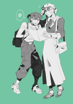 Rule 34 | 2girls, absurdres, adjusting eyewear, backpack, bag, baggy pants, belt, clenched hand, commentary, eyewear on head, full body, hand up, highres, holding, holding paper, jung heewon, lee jihye, multiple girls, nemomosso, omniscient reader's viewpoint, pants, paper, shoulder bag, spoken squiggle, squiggle, suspenders, symbol-only commentary, watch, wristwatch