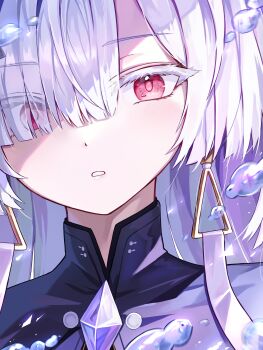 1girl absurdres colored_eyelashes commentary earrings eyes_visible_through_hair grey_hair hair_over_one_eye hamu_(hvmzld123) highres jewelry long_hair looking_at_viewer mornye_(wuthering_waves) parted_lips portrait red_eyes solo triangle_earrings wuthering_waves