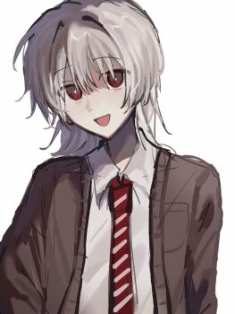 1boy :d brown_cardigan cardigan collared_shirt commentary_request dress_shirt head_tilt kettlekett90230 looking_at_viewer male_focus necktie open_mouth red_eyes red_necktie saihate_eki shirt short_hair simple_background smile solo striped_clothes striped_necktie tatsunami_shion upper_body white_background white_hair white_shirt