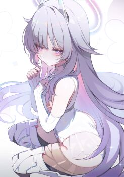 absurdres ass blush boots chaos_zero_nightmare chest_jewel colored_inner_hair commentary cosplay detached_sleeves english_commentary gem grey_hair halo halter_leotard halterneck hand_jewel hand_on_own_chest hands_up highres hololive hololive_english horns jewel_under_eye koahri koseki_bijou leotard long_hair looking_at_viewer multicolored_hair pink_hair purple_eyes purple_gem sereniel_(chaos_zero_nightmare) sidelocks sitting sleeves_past_wrists thigh_boots very_long_hair virtual_youtuber white_boots white_leotard white_sleeves