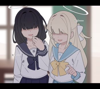 2girls black_hair black_neckerchief black_sailor_collar black_serafuku blonde_hair blue_archive blue_sailor_collar blue_serafuku bow faceless faceless_female hair_bow halo highres long_sleeves mikokomiyazawa multiple_girls neckerchief sailor_collar school_uniform serafuku trinity_general_school_logo trinity_student_(blue_archive) white_bow yellow_neckerchief