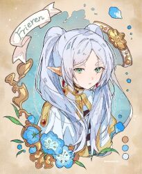 Rule 34 | 1girl, blue flower, capelet, character name, color guide, drop earrings, earrings, elf, flower, frieren, gold trim, green eyes, jewelry, leaf, long hair, looking at viewer, nekouchuu jin, parted lips, pointy ears, shirt, solo, sousou no frieren, striped clothes, striped shirt, twintails, twitter username, upper body, white capelet, white hair