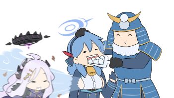 1girl 2girls ahoge ako_(blue_archive) armor black_halo blue_archive blue_gloves blue_hair blue_halo breasts commentary_request demon_girl demon_horns eating feeding fuyu_shogun gloves halo helmet highres hina_(blue_archive) hong_hongcha horns ice ice_cube japanese_armor kabuto_(helmet) long_hair medium_hair multiple_girls open_mouth sideboob simple_background smile upper_body white_background