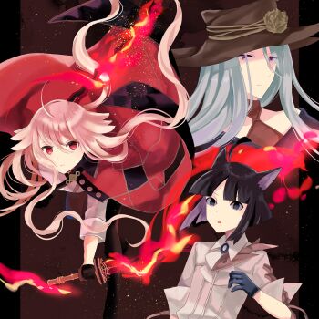 Rule 34 | 1boy, 2girls, ahoge, animal ears, black eyes, black hair, brown hat, cape, cat ears, commentary request, esperka (pixiv fantasia last saga), fire, grey hair, hat, hat ornament, highres, holding, holding weapon, long hair, multiple boys, multiple girls, nenero (pixiv fantasia last saga), nisei (tanny), pink hair, pixiv fantasia, pixiv fantasia last saga, red cape, red eyes, triangle mouth, weapon