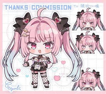 Rule 34 | 1girl, :3, :d, ahoge, akiha rii, bare shoulders, black bow, black shoes, black skirt, black thighhighs, blue hair, blunt bangs, blush stickers, border, bow, chibi, chibi only, closed mouth, commentary, commission, dot nose, egissi, fang, fishnet thighhighs, fishnets, full body, gradient hair, grid background, hair bow, hair intakes, hand on own hip, heart, heart-shaped pupils, indie virtual youtuber, long sleeves, looking at viewer, multicolored hair, multiple views, open mouth, outline, outside border, pink border, pink hair, red eyes, sample watermark, shaded face, shirt, shoes, signature, skeb commission, skirt, smile, standing, symbol-shaped pupils, tears, thighhighs, twintails, two-tone hair, virtual youtuber, watermark, watermark grid, white background, white outline, white shirt