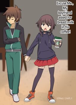 1boy 1girl absurdres artist_name belt_collar black_jacket black_shirt black_thighhighs blue_jacket blurry brown_hair chair closed_eyes closed_mouth collar collarbone converse cup darkness_(konosuba) depth_of_field disposable_cup english_text excuse_me_he_asked_for_no_pickles_(meme) full_body furrowed_brow green_jacket green_pants hair_between_eyes highres holding holding_cup hood hood_down iced_latte_with_breast_milk_(meme) indoors jacket kono_subarashii_sekai_ni_shukufuku_wo! light_frown logo_parody long_sleeves looking_at_viewer maho_malice megumin meme miniskirt multicolored_jacket open_mouth orange_shoes pants pleated_skirt popped_collar red_eyes red_skirt satou_kazuma shirt shoes short_hair short_hair_with_long_locks sidelocks signature single_horizontal_stripe skindentation skirt standing starbucks straight_hair table thighhighs track_jacket track_pants two-tone_jacket v-shaped_eyebrows white_shoes zettai_ryouiki