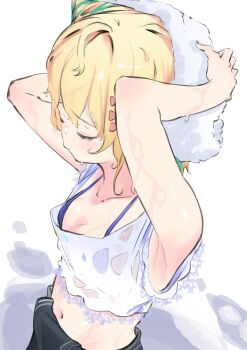 Rule 34 | 1girl, absurdres, ahoge, aqua hair, armpits, arms up, bikini, bikini top only, blonde hair, breasts, closed eyes, commentary, cone hair bun, dripping, drying, drying hair, english commentary, hair bun, highres, millie parfait, millie parfait (5th costume), multicolored hair, navel, nijisanji, nijisanji en, shirt, small breasts, solo, streaked hair, swimsuit, towel, variant set, virtual youtuber, wet, white shirt, yarashi thought